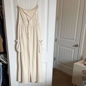 Cream strapless wide leg coverup with Pockets